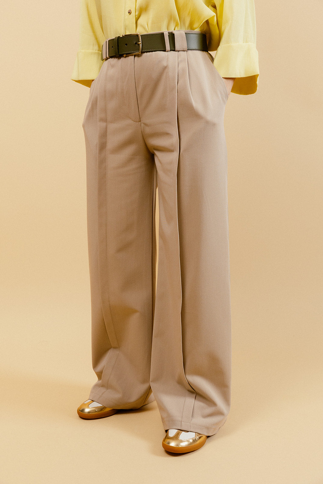 OPHÉLIE - Pantalon Habillé Beige Taille Haute