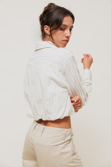 TORYA - Chemise Courte à Rayures Ton sur Ton Blanc