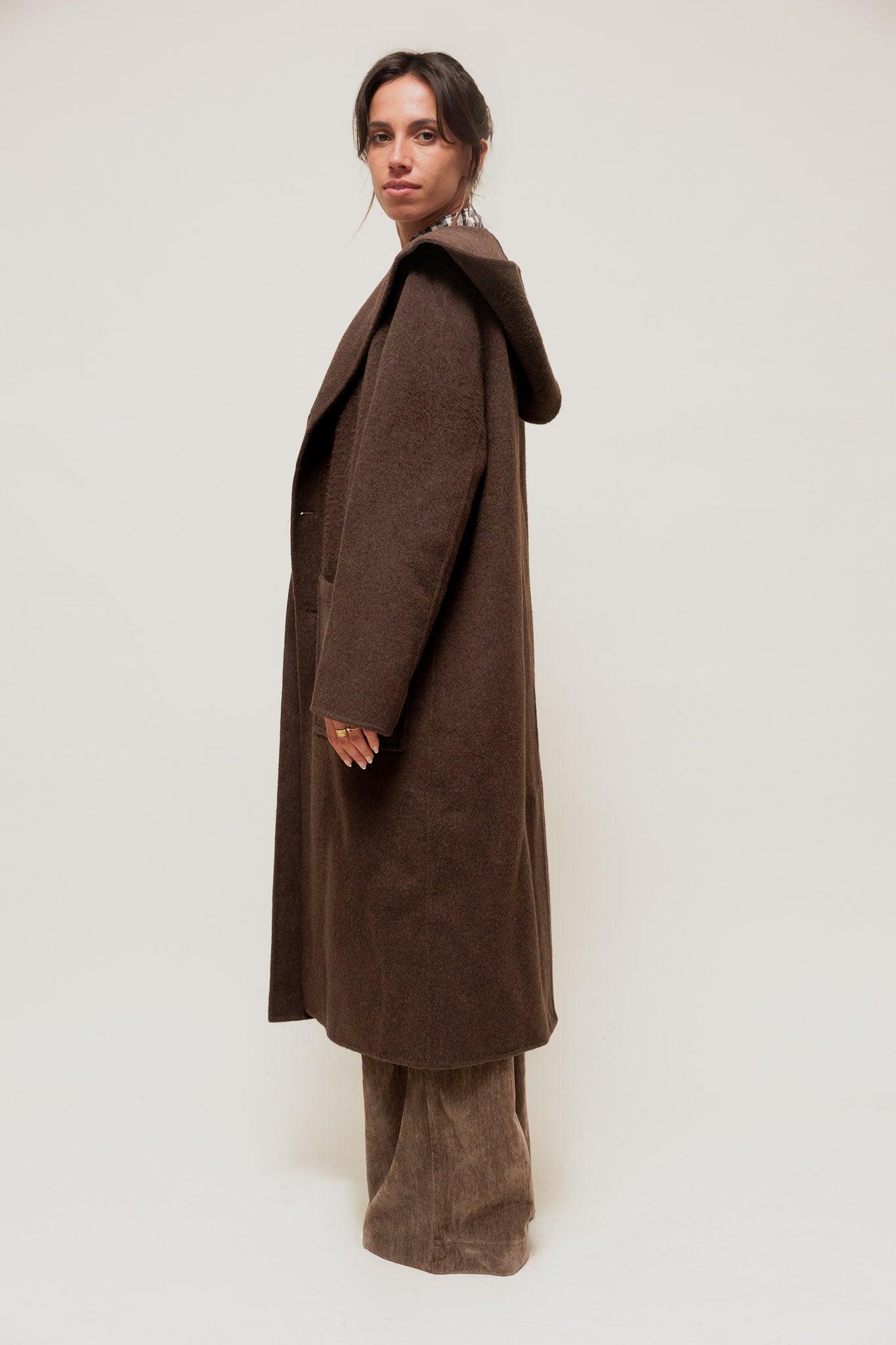 DORYSSA - Manteau Long en Laine à Capuche Marron