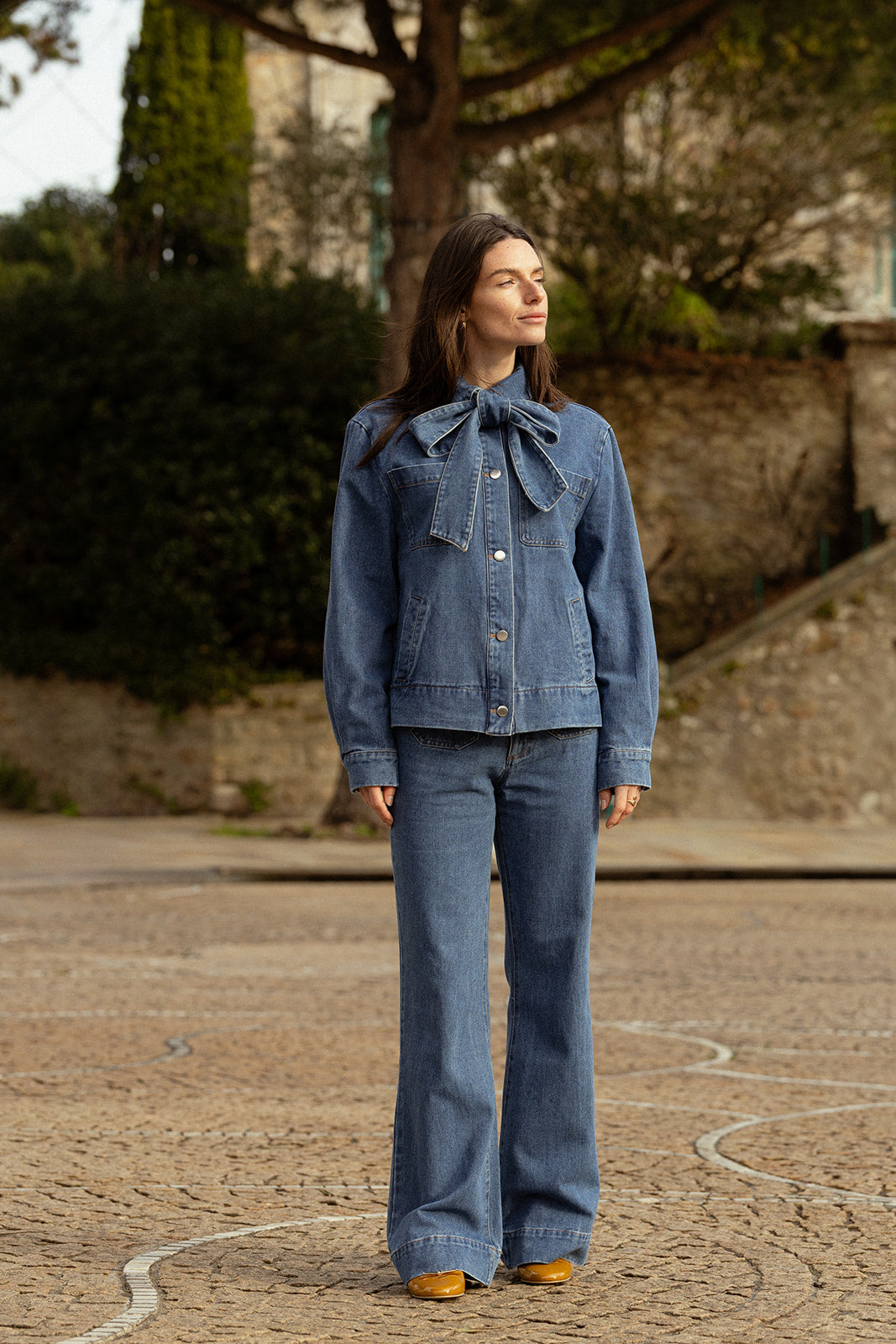 LEVANNAH - Veste en Jean Bleue Femme avec Nœud