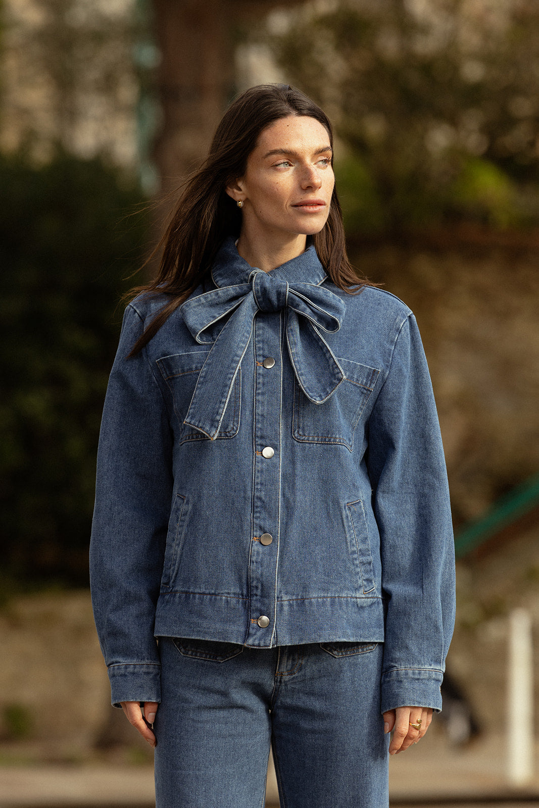 LEVANNAH - Veste en Jean Bleue Femme avec Nœud