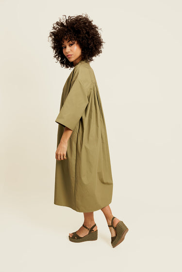 BELISSE - Robe Kaki Midi chemise Col Rond Mao