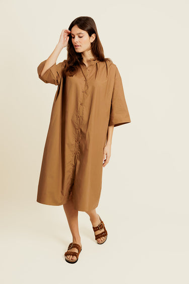 BELISSE - Robe Marron Midi chemise Col Rond Mao