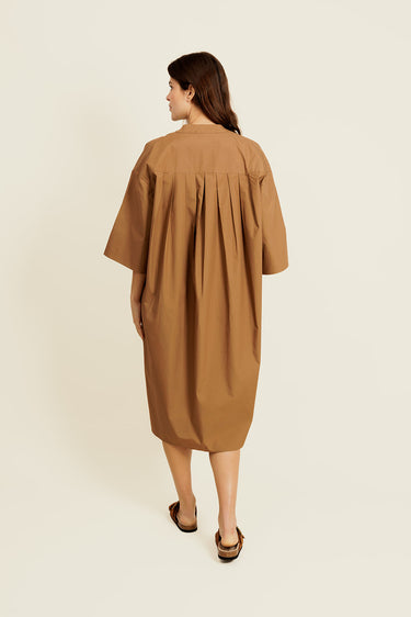 BELISSE - Robe Marron Midi chemise Col Rond Mao