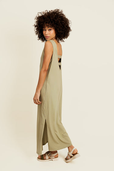 LÉONISSE - Robe Longue Kaki à Dos Nu Dentelle