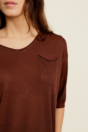 BELIOR - Pull Manches Courtes Marron avec Lurex