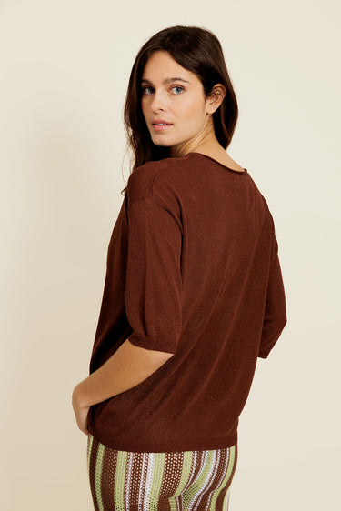 BELIOR - Pull Manches Courtes Marron avec Lurex