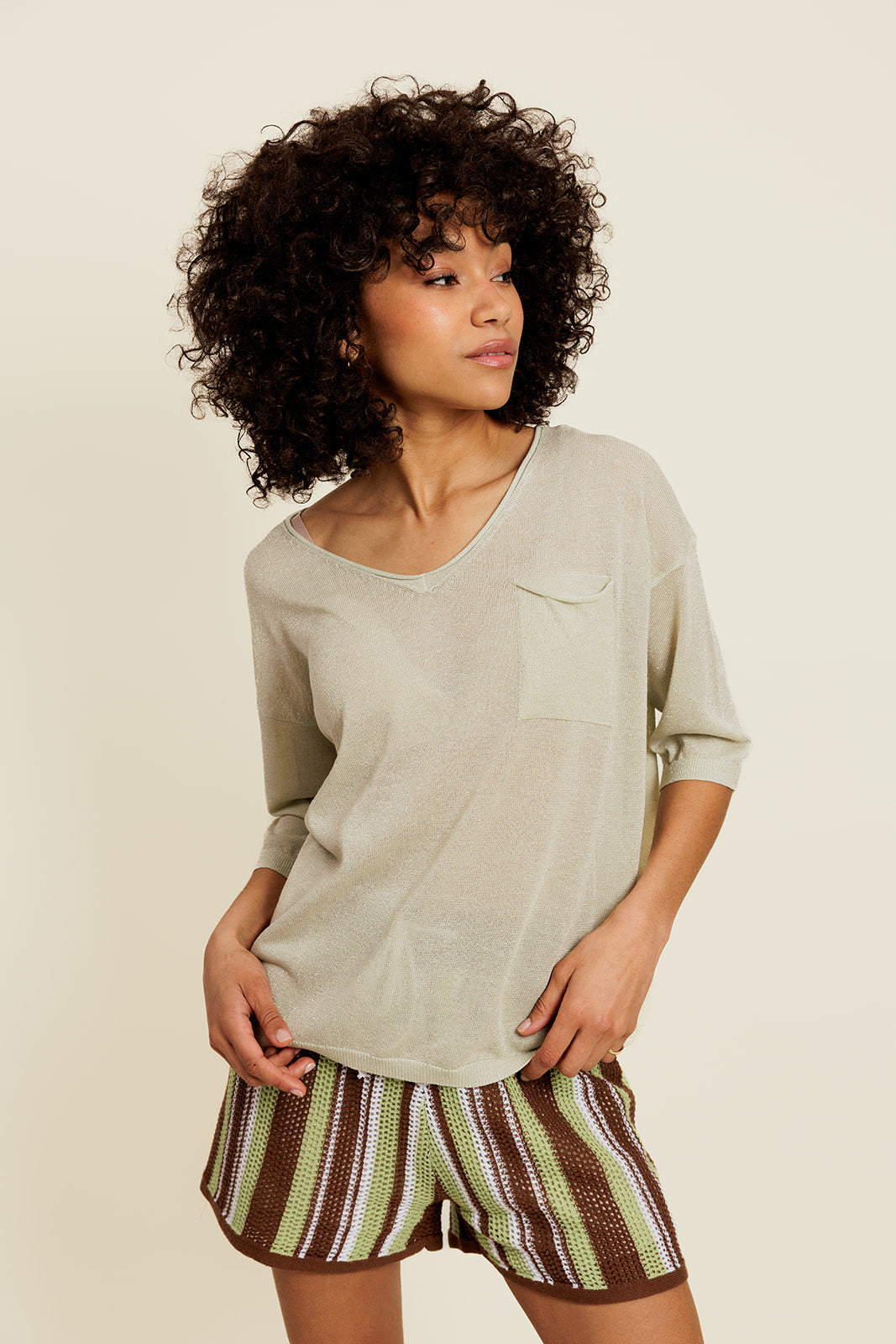 BELIOR - Pull Manches Courtes Vert avec Lurex