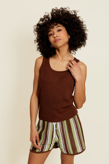 AELINNE - Short Marron/Vert en Coton à Rayures