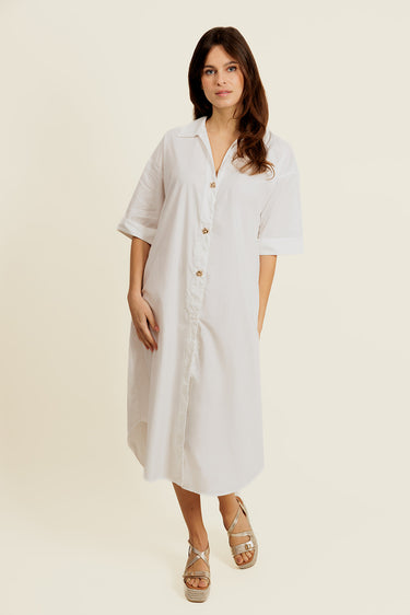 SOLÉRIE - Robe Chemise Blanc oversize avec Bouton Bijoux