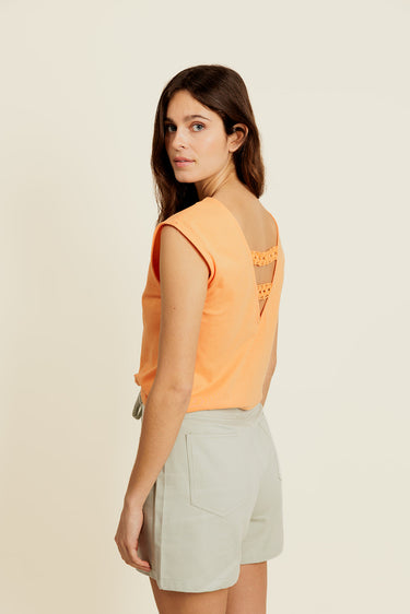 HÉLIOR - T-Shirt Col V Orange Bande dentelle au dos