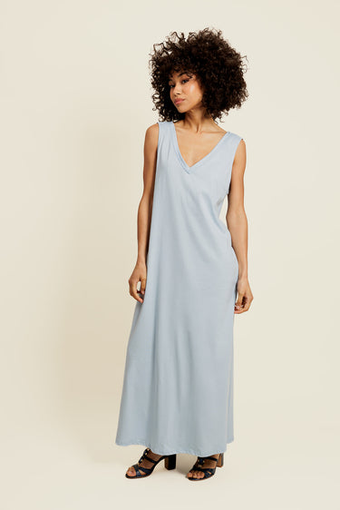 LÉONISSE - Robe Longue Bleu à Dos Nu Dentelle