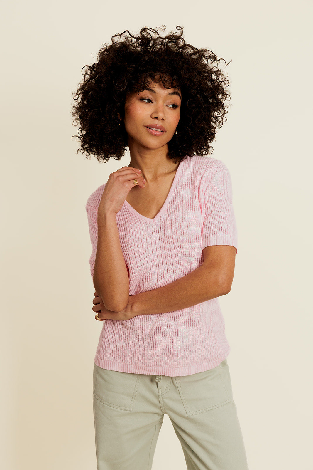 ÉSOLYNE - Top en Coton Rose Manches Courtes