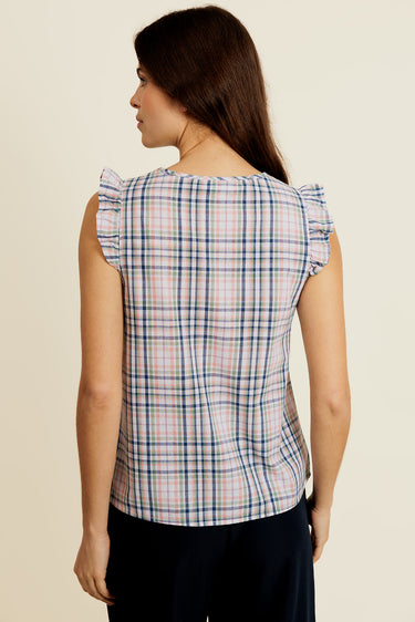 SÉLISSE - Blouse Bleue en coton à carreaux avec Broderie