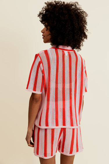 DALENOR - Polo Rose/Rouge en Coton à Rayures