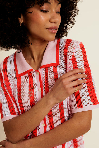 DALENOR - Polo Rose/Rouge en Coton à Rayures