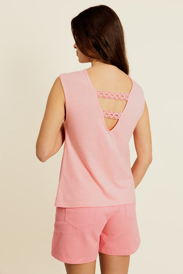 HÉLIOR - T-Shirt Col V Rose Bande dentelle au dos