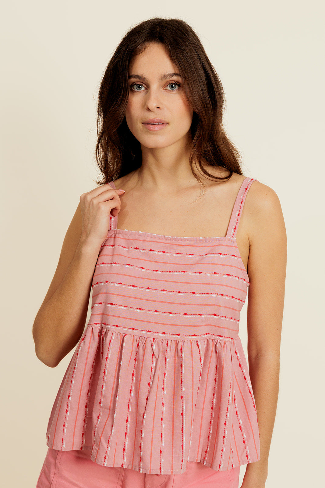 LINEOR - Top Peplum à Rayures et Détails Brodés Rose