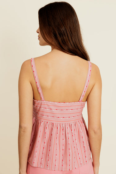 LINEOR - Top Peplum à Rayures et Détails Brodés Rose