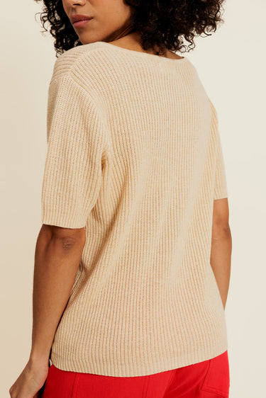 ÉSOLYNE - Top en Coton Beige Manches Courtes