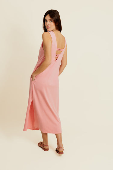 LÉONISSE - Robe Longue Rose à Dos Nu Dentelle