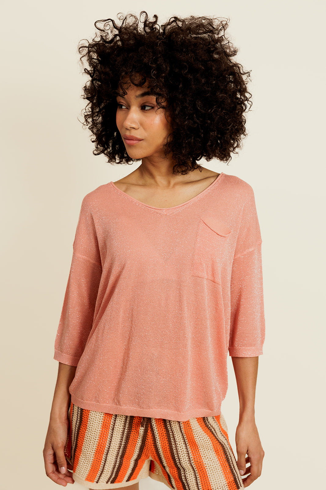 BELIOR - Pull Manches Courtes Orange avec Lurex
