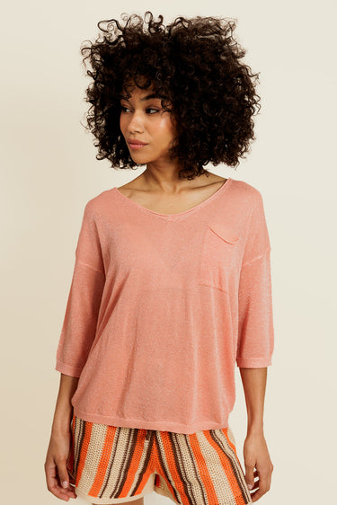 BELIOR - Pull Manches Courtes Orange avec Lurex