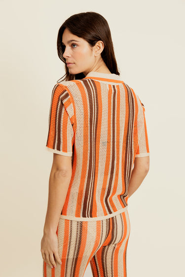 DALENOR - Polo Beige/Orange en Coton à Rayures
