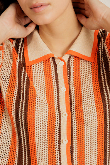 DALENOR - Polo Beige/Orange en Coton à Rayures