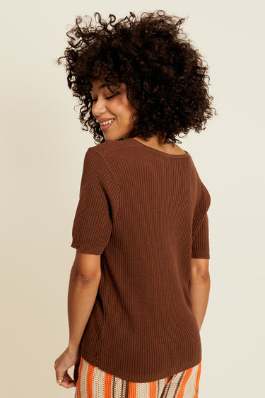 ÉSOLYNE - Top en Coton Marron Manches Courtes