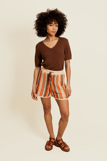 AELINNE - Short Beige/Orange en Coton à Rayures