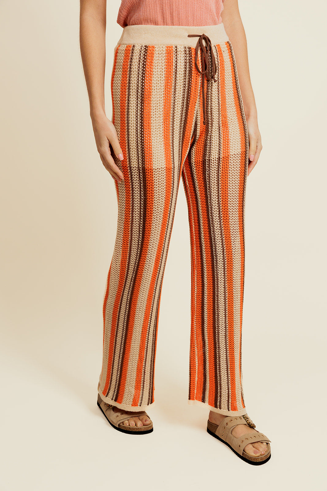ÉRELIS - Pantalon Beige en Coton à Rayures