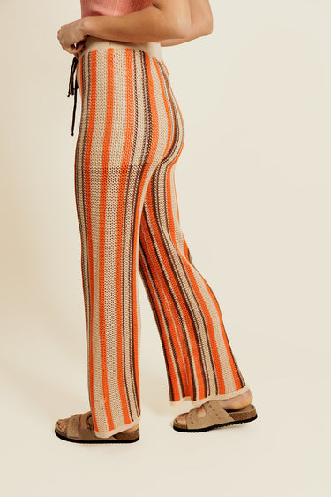 ÉRELIS - Pantalon Beige en Coton à Rayures