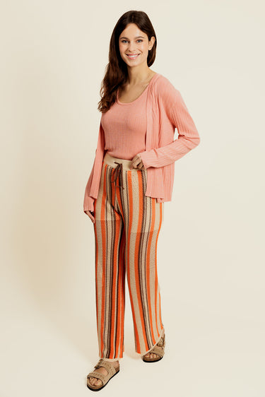 ÉRELIS - Pantalon Beige en Coton à Rayures