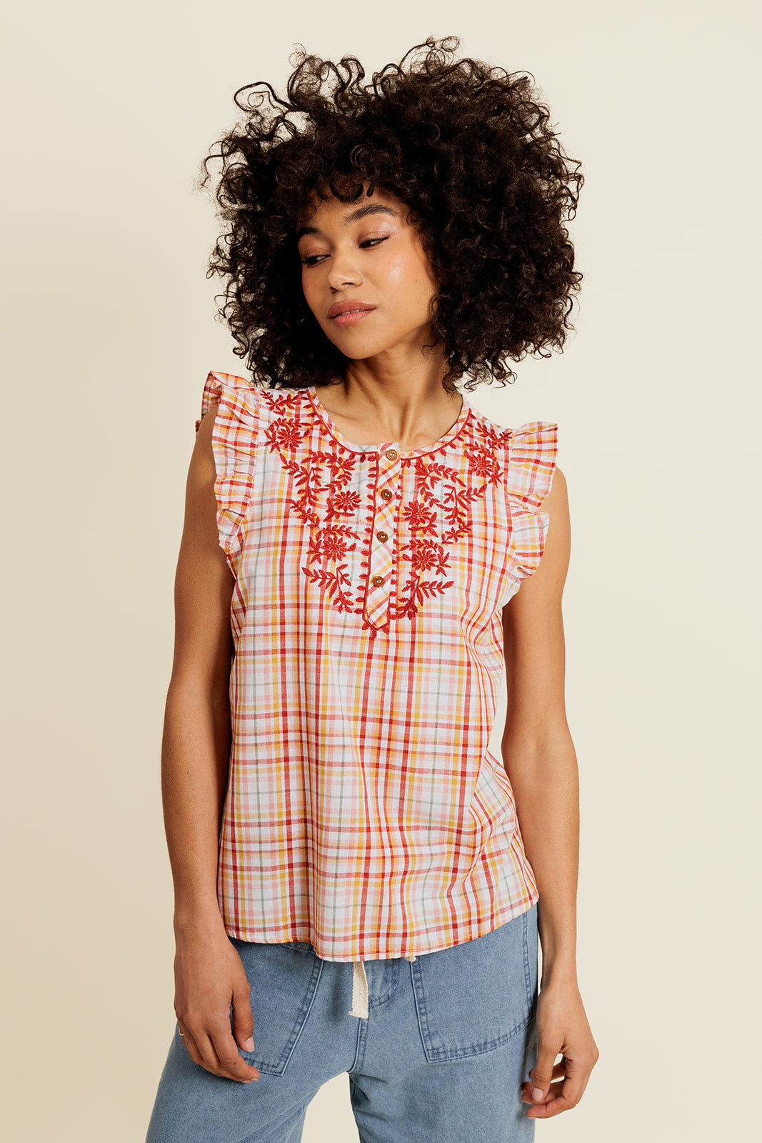 SÉLISSE - Blouse Brique en coton à carreaux avec Broderie
