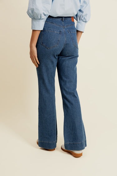 APPOLINE - Pantalon Large Bleu à Taille Haute