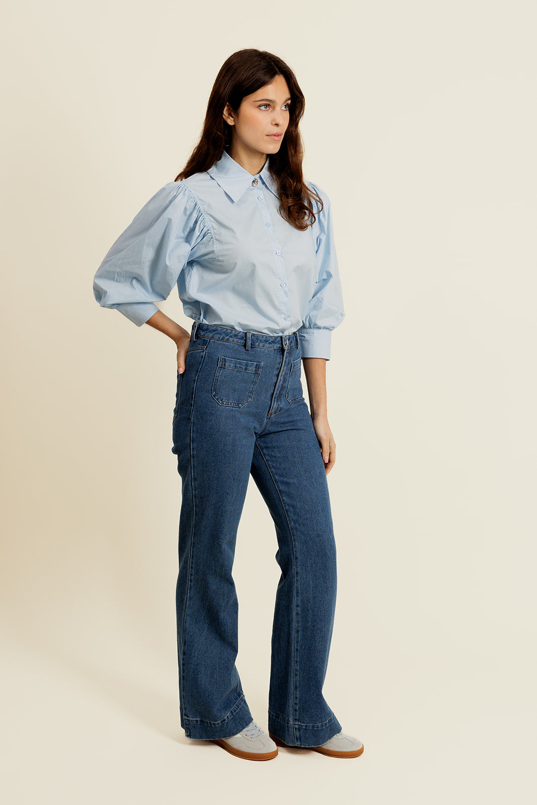 APPOLINE - Pantalon Large Bleu à Taille Haute