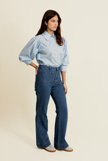 APPOLINE - Pantalon Large Bleu à Taille Haute