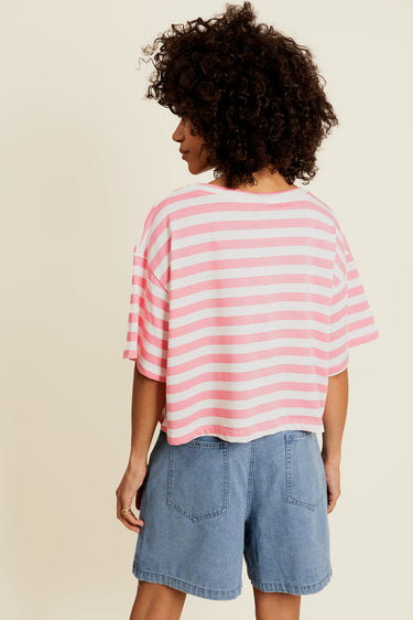 ZÉLYNOR - T-Shirt Court Rose Oversize à Rayures