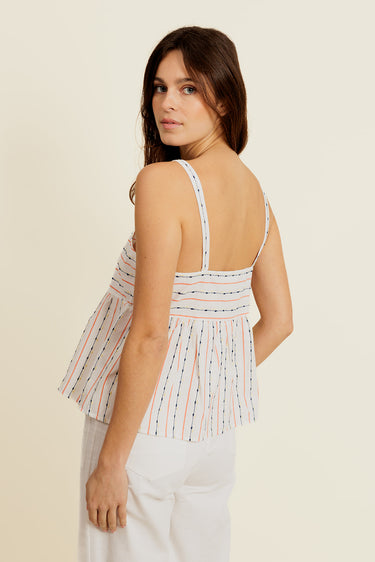 LINEOR - Top Peplum à Rayures et Détails Brodés Blanc