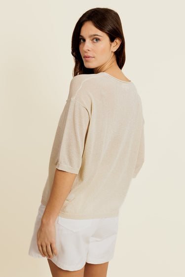 BELIOR - Pull Manches Courtes Beige avec Lurex