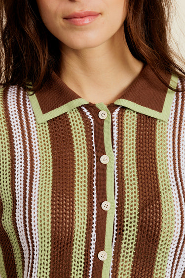 DALENOR - Polo Marron/Vert en Coton à Rayures