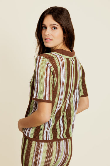 DALENOR - Polo Marron/Vert en Coton à Rayures