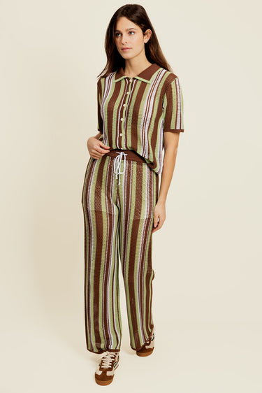 ÉRELIS - Pantalon Marron en Coton à Rayures