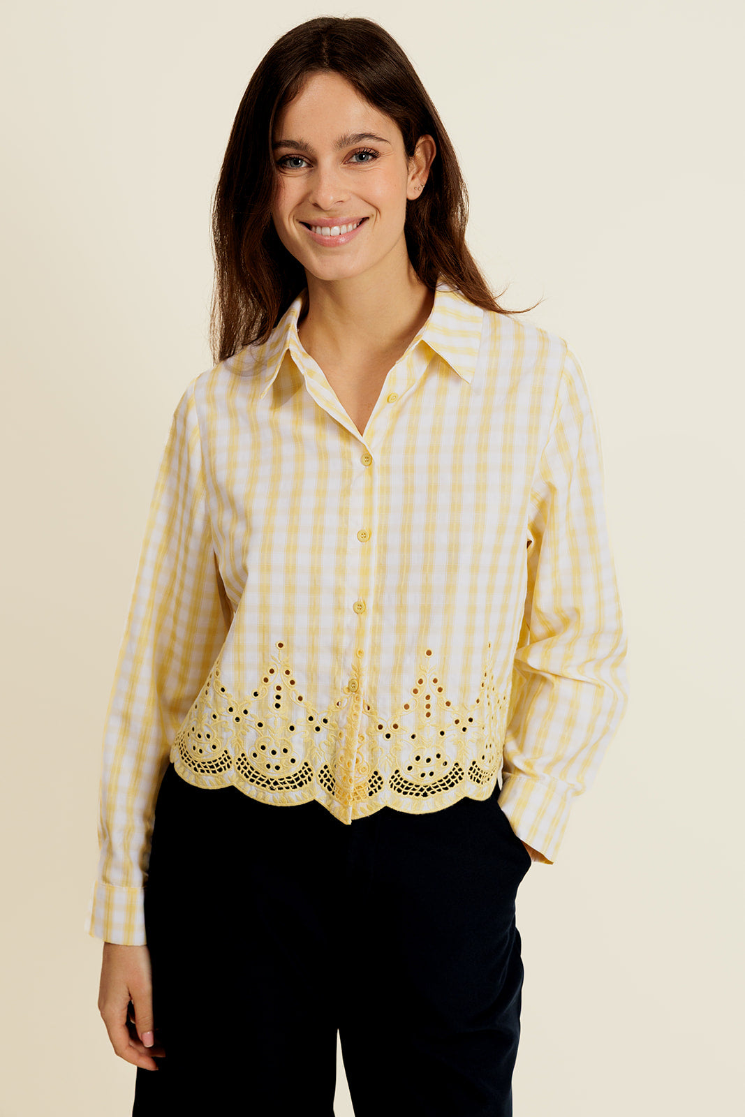 MAËLYS - Chemise à Carreaux Jaune Femme avec Broderies