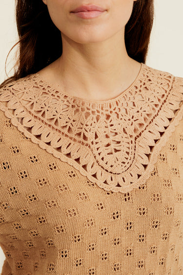 ARIZONA - Pull Camel Uni en Crochet sans Manches Femme