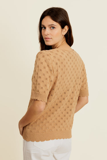 ARIZONA - Pull Camel Uni en Crochet sans Manches Femme