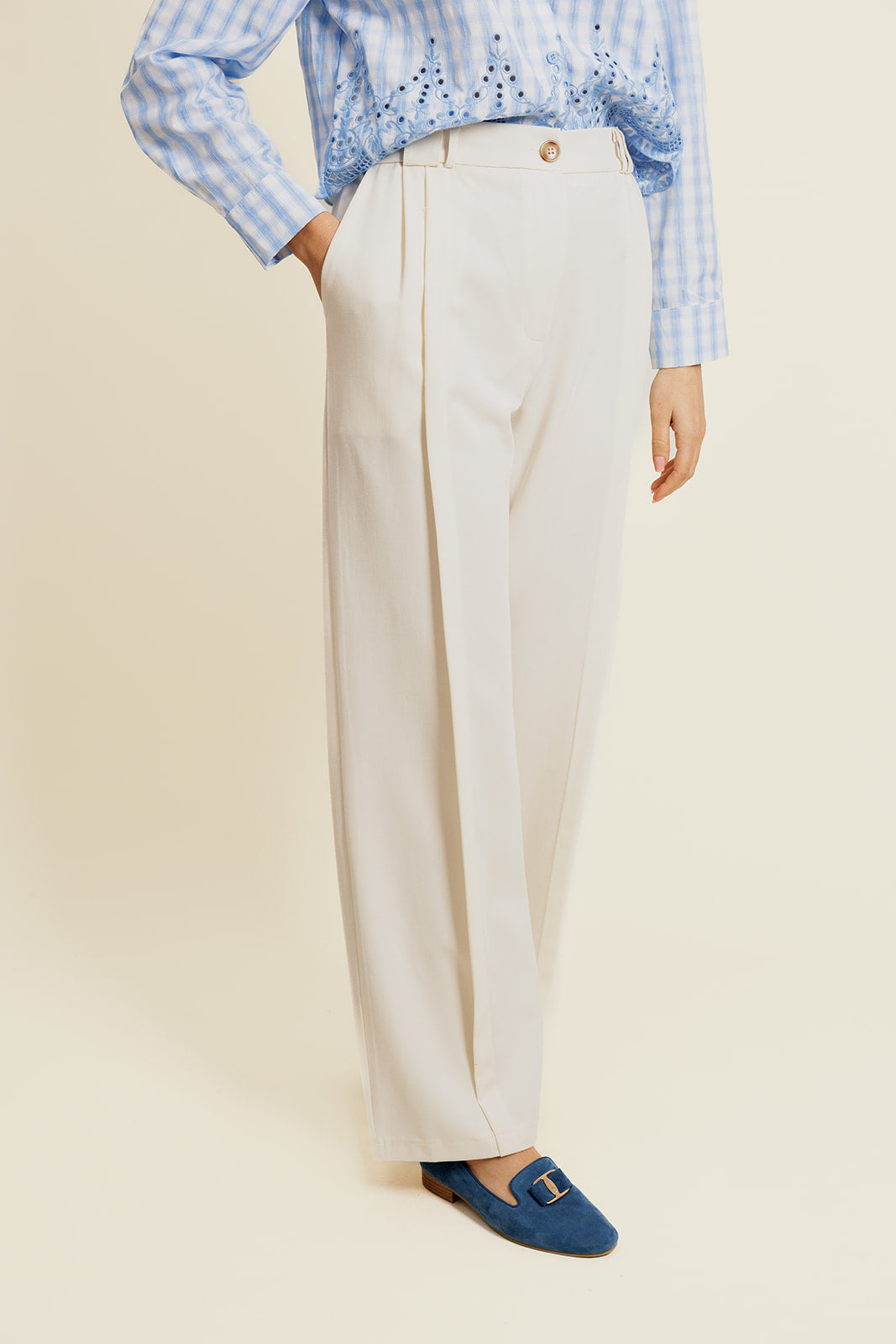 OPHÉLIE - Pantalon Habillé Écru Taille Haute
