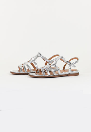SABINE - Sandale Plate en Cuir Argent Miroir