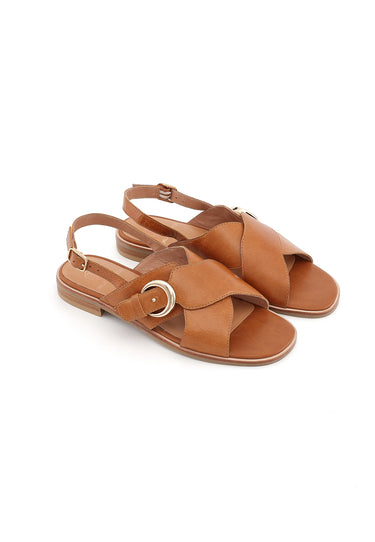 AIMÉE - Sandales Plates en Cuir Camel